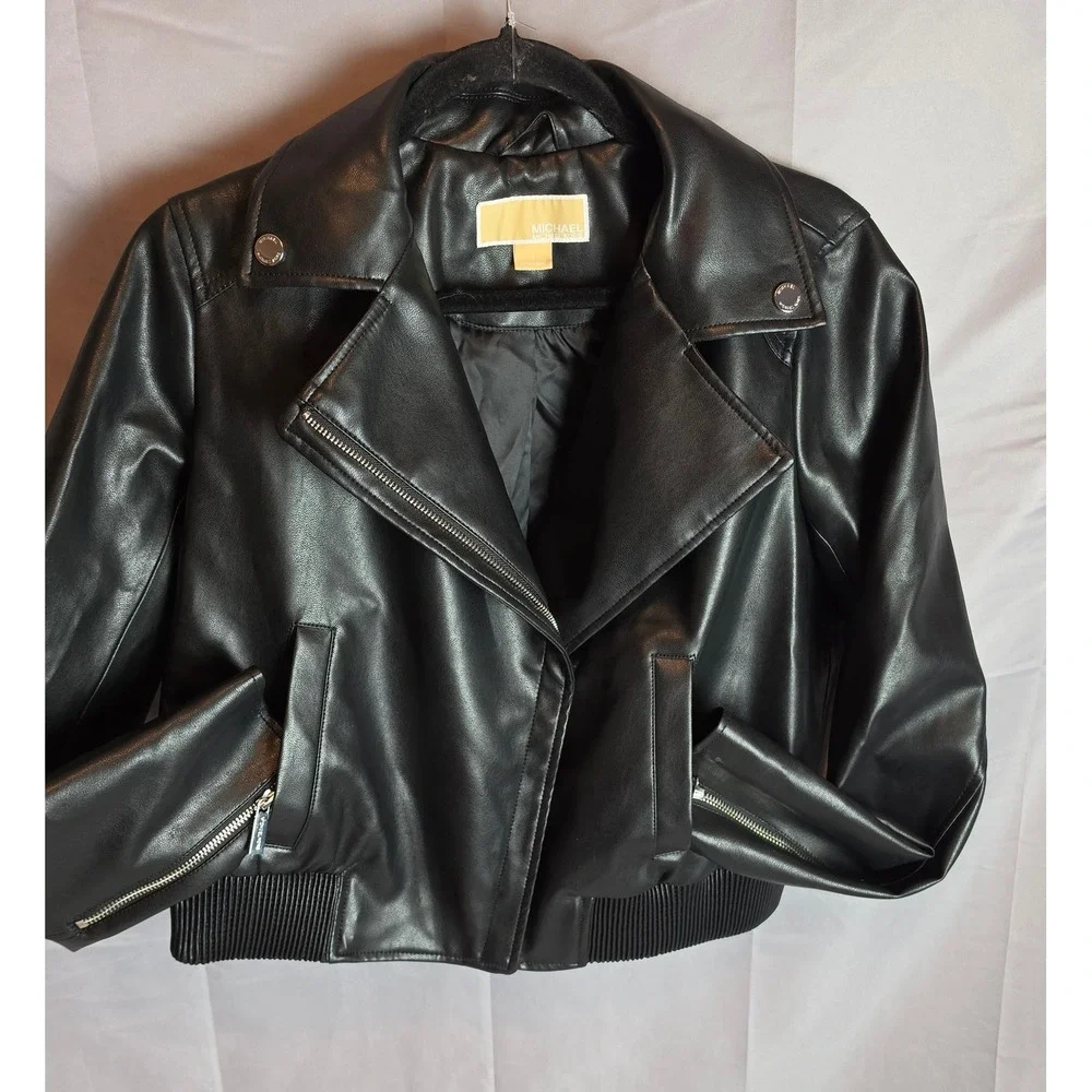 Michael Kors Womens Black Faux Leather Moto Jacket Cropped Bomber Streetwear
